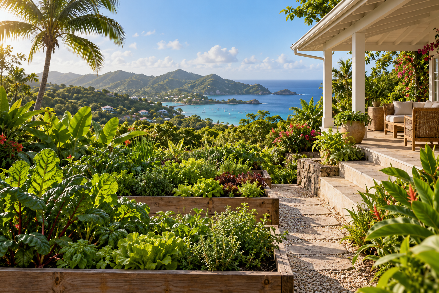 Illustrative raised vegetable beds in a tropical garden