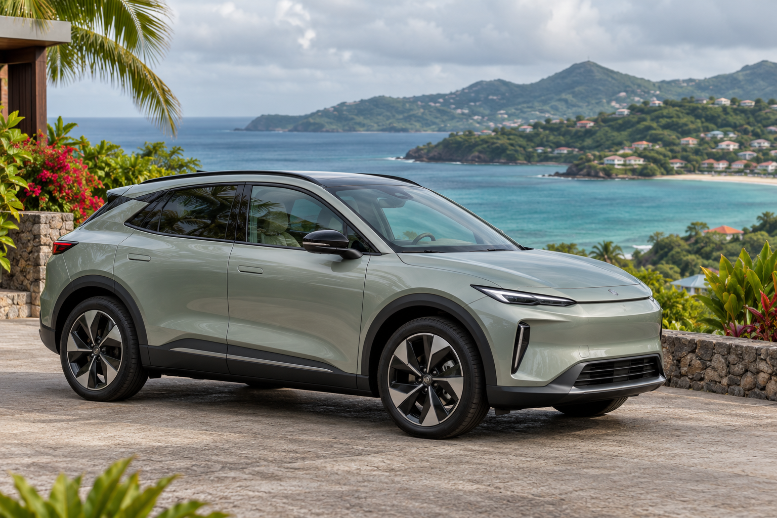 Illustrative electric crossover beside a Caribbean coastal road